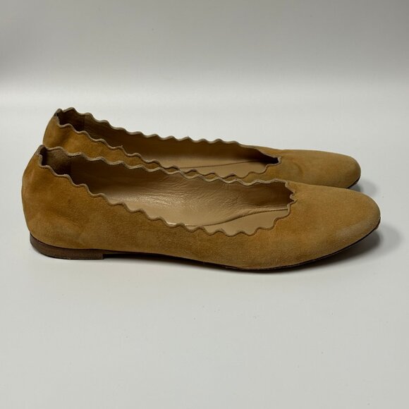 Chloé Women's Lauren Scalloped Suede Leather Camel Tan Ballet Flats Size 37 - Picture 3 of 9